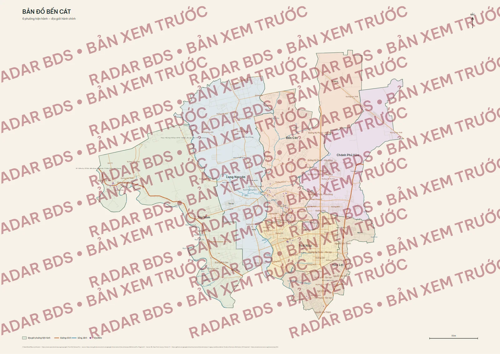Bản xem trước có watermark với 6 ranh phường hiện tại của Bến Cát
