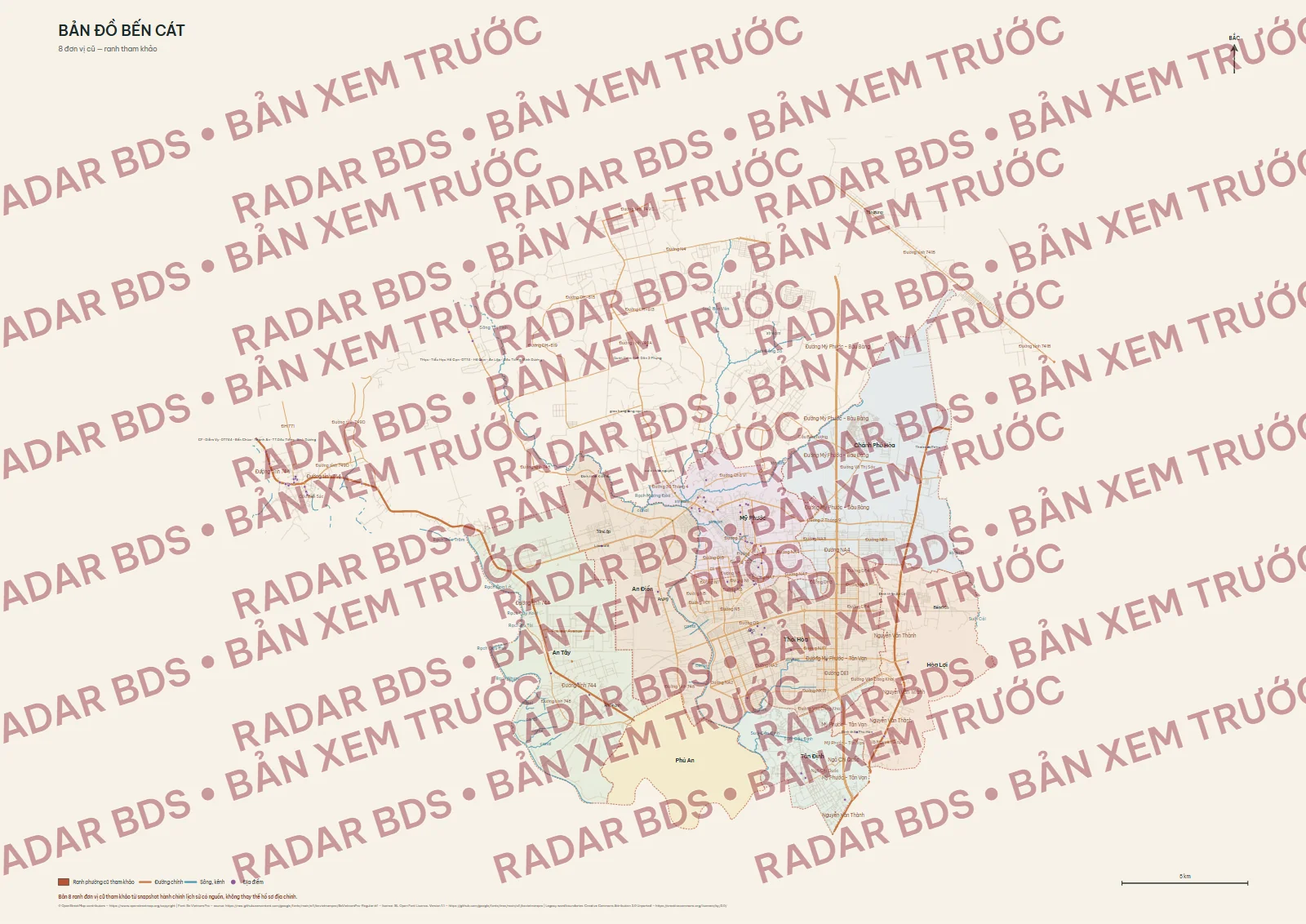 Bản xem trước có watermark với 8 ranh đơn vị cũ của Bến Cát trước năm 2025