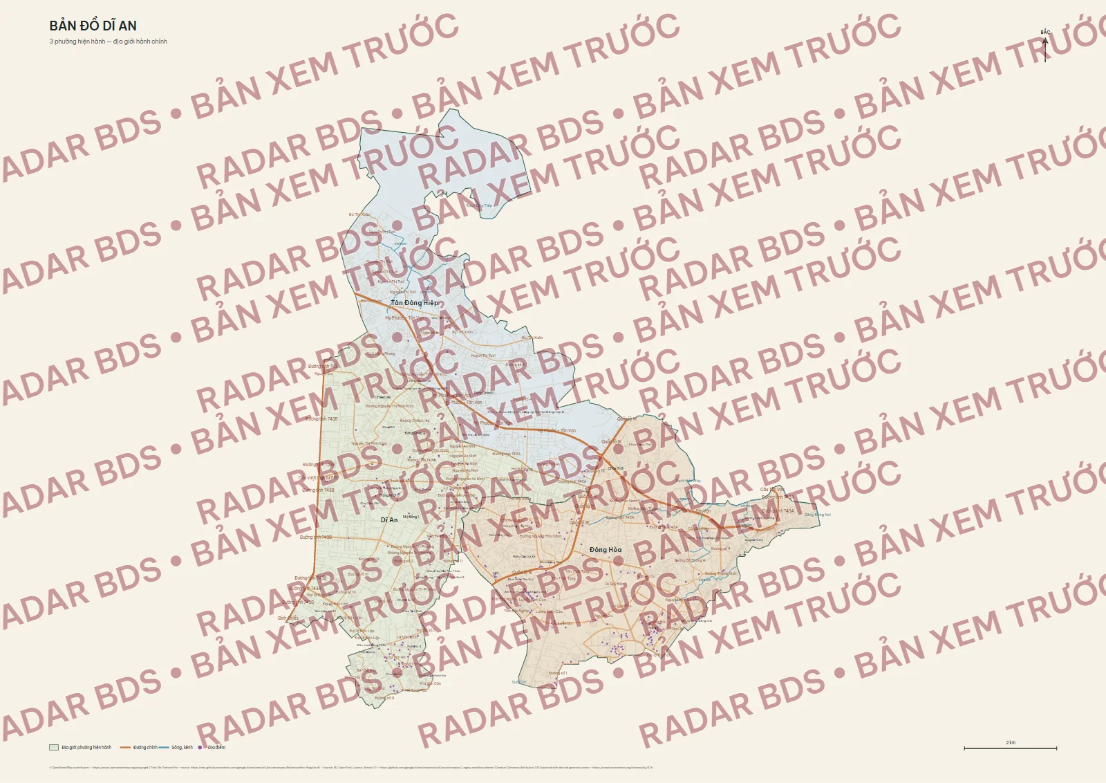 Bản xem trước có watermark với 3 ranh phường hiện tại của Dĩ An