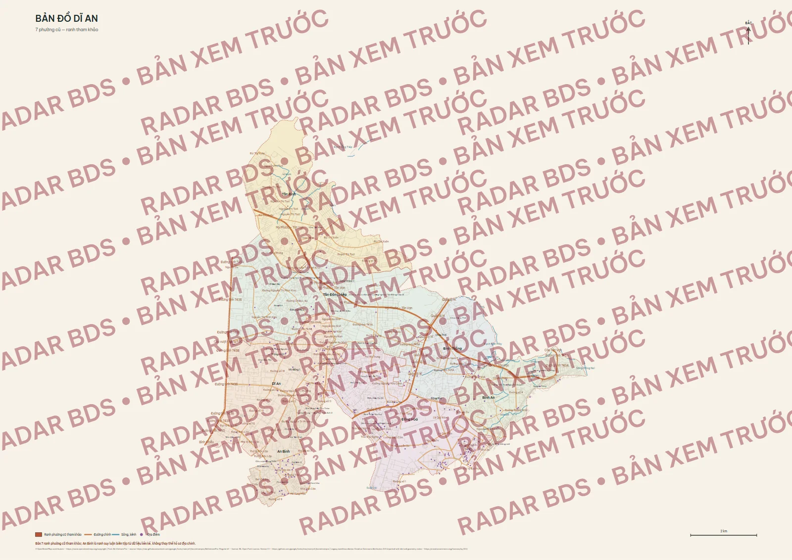 Bản xem trước có watermark với 7 ranh phường cũ của Dĩ An trước năm 2025