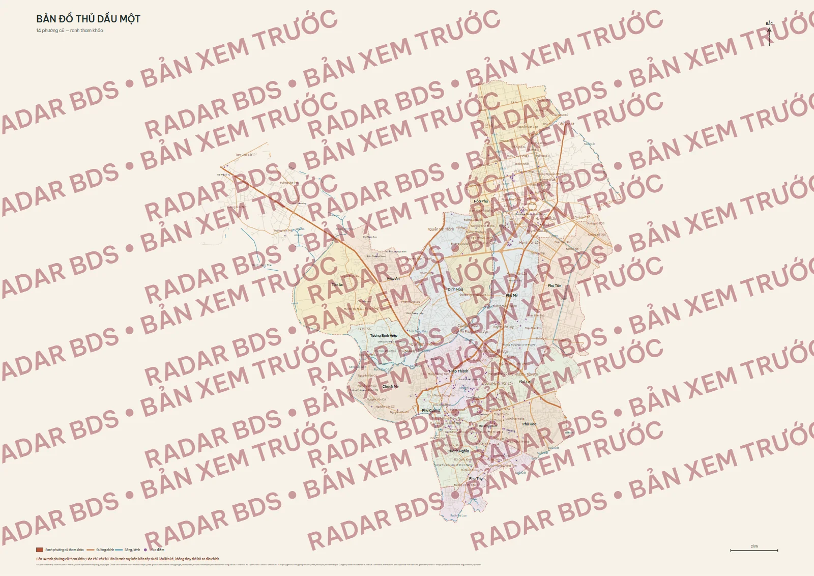 Bản xem trước có watermark với 14 ranh phường cũ tham khảo trước năm 2025
