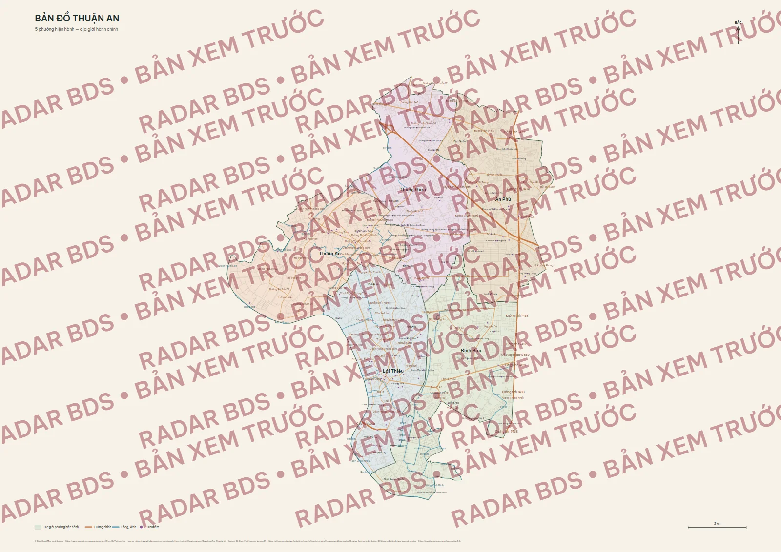 Bản xem trước có watermark với 5 ranh phường hiện tại của Thuận An